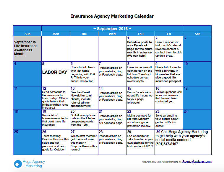 September Insurance Marketing Calendar Agency Updates Insurance